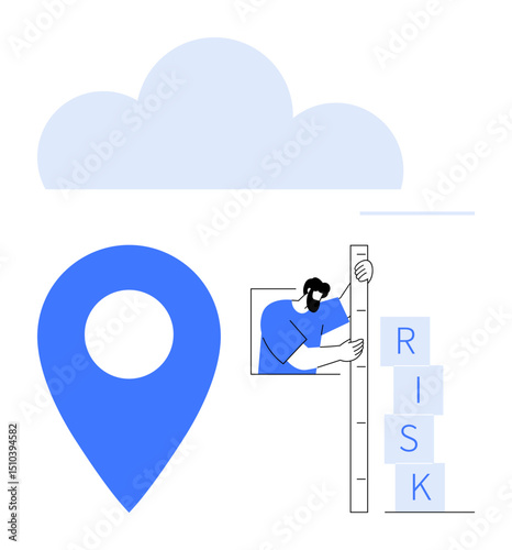 Cloud motif, geolocation pin, person measuring risk blocks highlight strategic planning and decision-making. Ideal for risk management, technology trends, innovation, analysis, location services