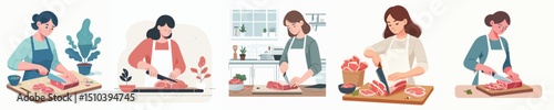 vector of a woman cutting meat