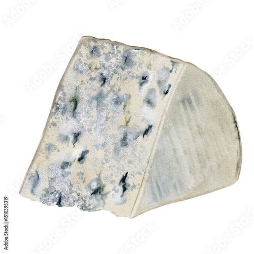 Piece of cheese watercolor illustration. Hand drawn dorblu or roquefort cheese with blue noble mold. Clip art food realism. Ideal for organic dairy farm packaging and restaurant menu design. photo
