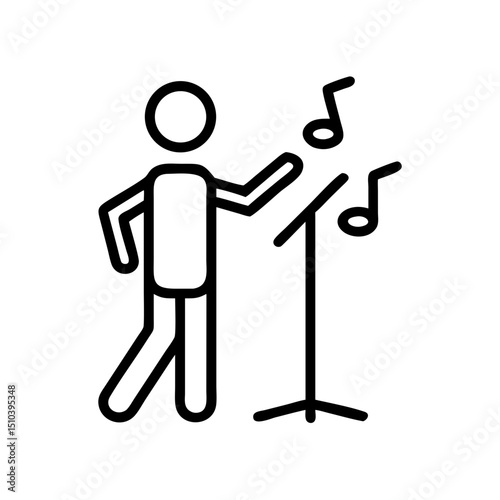 Stick figure conducting music notes at a stand, concept of music, sound, vector  