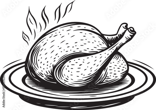 Simple icons of baked bird on platter. Outline, colorful and glyph vector illustration, Cooked Turkey