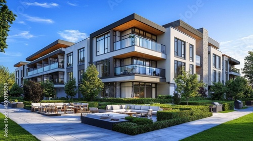 Contemporary low-rise apartment building with inviting outdoor seating.