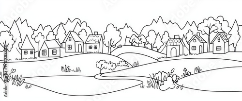 Minimalistic contour drawing depicting a lakeside house in the woods.