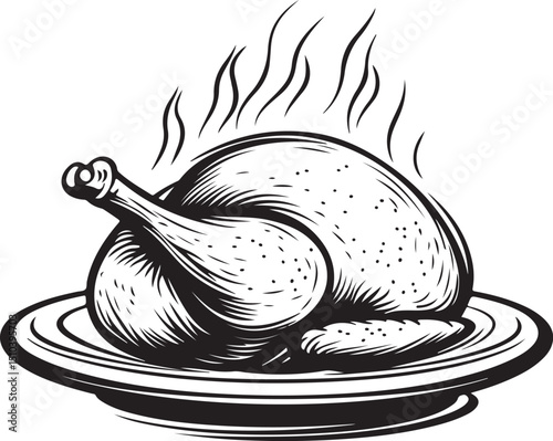 Simple icons of baked bird on platter. Outline, colorful and glyph vector illustration, Cooked Turkey