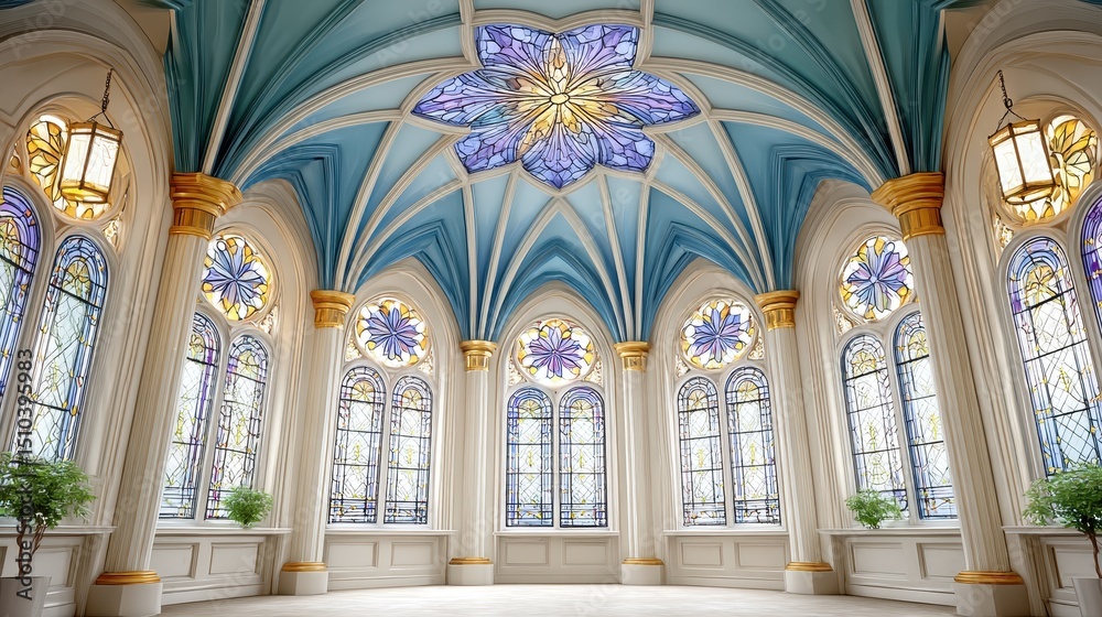 Obraz premium Elegant ballroom interior features ornate gothic architecture and stained glass.