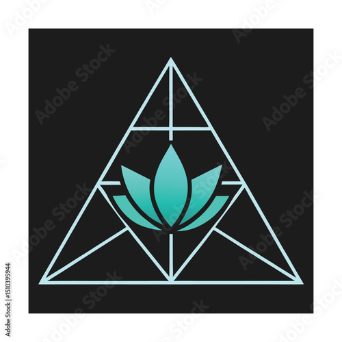 Elegant geometric illustration featuring a lotus flower within a triangle symbol on black background