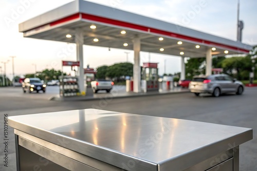 Stainless steel tabletop in focus with blurred gas station background. Ideal for showcasing products, fuel industry themes, automotive concepts, or transportation-related commercial displays.

