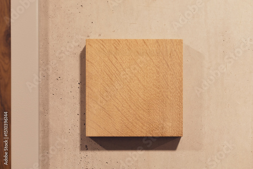 Wooden square sign board is mounted on smooth concrete wall, creating contrast between natural and industrial elements. This harmonious design enhances minimalist decor. Signboard mockup, copy space.