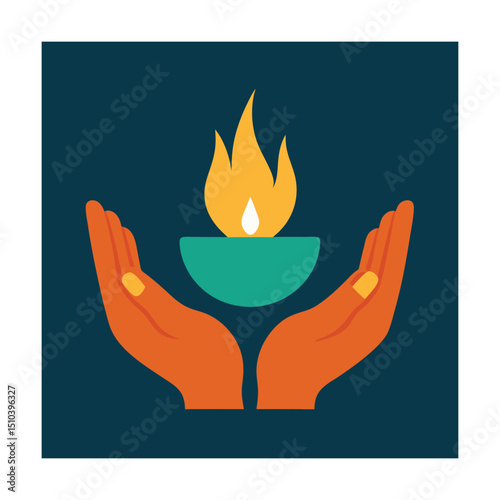 Symbolic illustration of a flame held in open hands representing protection and care