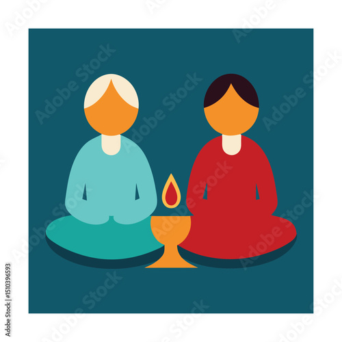 Two people meditating with candle abstract illustration depicting spirituality and harmony