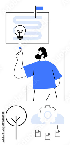 Person pointing to lightbulb, linking ideas, tree, gear with cloud, documents. Ideal for innovation, teamwork, creativity productivity planning sustainable growth education. Flat simple metaphor