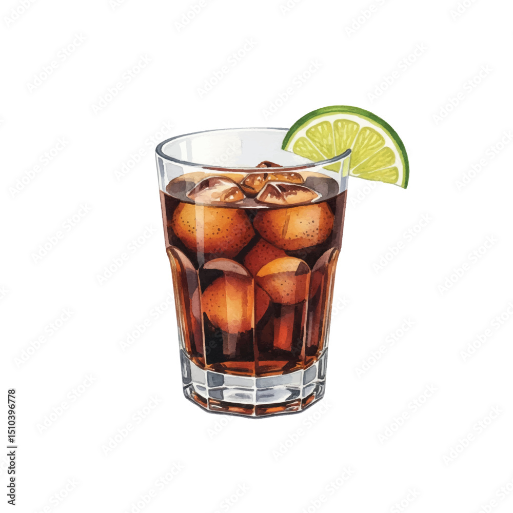 Watercolour Illustration of  Cuba Libre Cocktail on Transparent PNG Background