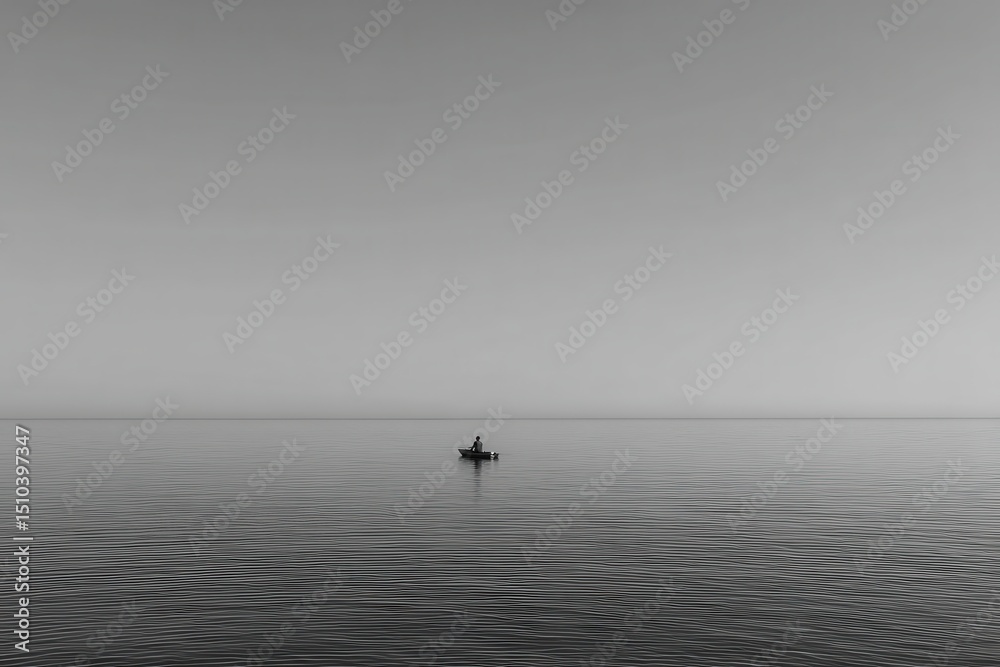 Fototapeta premium Serene Landscape of a Solitary Fisherman on a Calm Water Surface in Monochrome, Emphasizing Tranquility, Reflection, and Isolation in Nature's Embrace