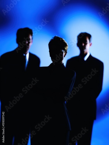 Three men in suits are standing in front of a blue background
