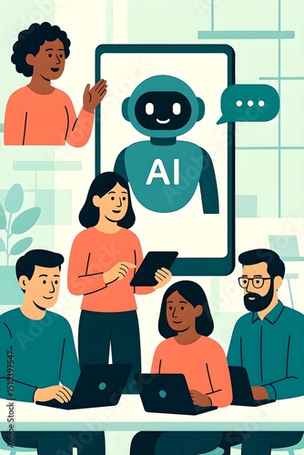 AI-Powered Collaboration: A diverse team collaboratively works with an AI assistant, shown on a tablet screen, symbolizing the integration of artificial intelligence in business.