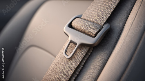 Car seatbelt close up with safety buckle on leather seat