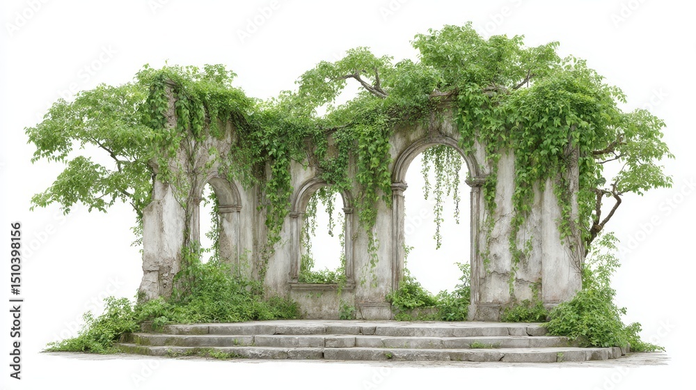 Obraz premium Ancient ruins overgrown with lush green foliage stand majestically alone.