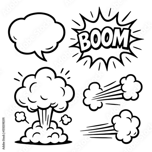Vector Comic Cartoon Burst Smoke Boom and Motion Line Elements Set
