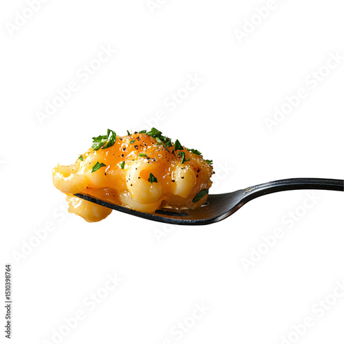 Mac and cheese on a fork isolated on a transparent background