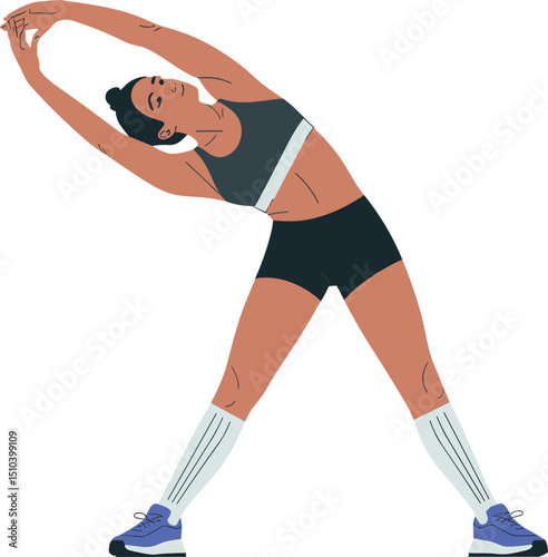 Young woman stretching side body exercise fitness workout in sportswear, active lifestyle illustration, healthy living and wellness concept