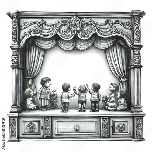 Illustration of children performing on a vintage puppet theater stage design on transparent background