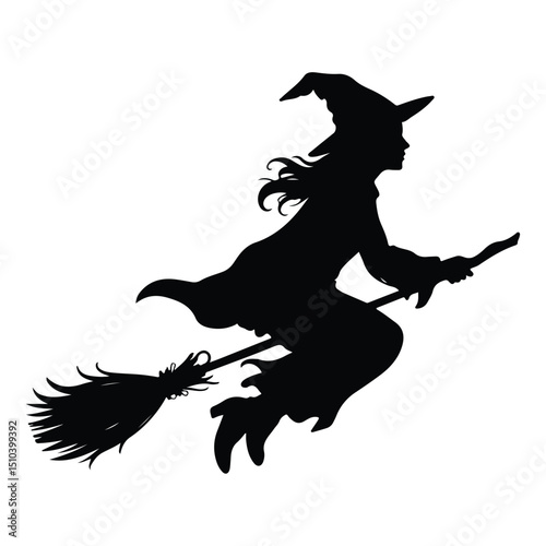Black vector silhouette of a witch flying on broom on white background