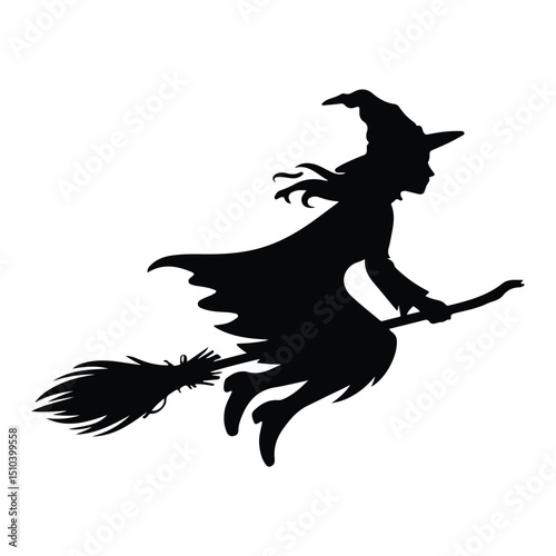 Black vector silhouette of a witch flying on broom on white background