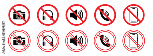 Set of Prohibited Actions Signs Pack Collection.  Phones, cameras, calls, talking, these are all forbidden words. Forbidden Sign not allowed red sign circle icons set. illustration EPS 10