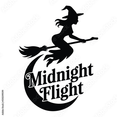 Black vector silhouette of a witch flying on broom on white background