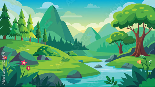 Cartoon Landscape with Green Hills, Mountains, River, Pine Trees, and Flowers Vector Image