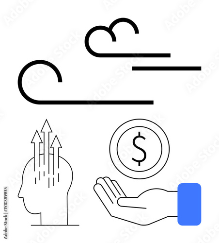 Head with upward arrows for innovation, hand holding coin for prosperity, and stylized wind for progress and movement. Ideal for finance, growth, development, business, success, innovation simple