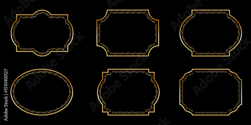Vintage frames set isolated on black background. Decorative gold frame. Fashionable ornate frames for wedding invitations, greeting cards, prints.
