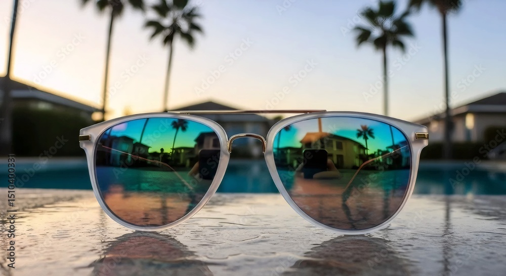 Pair of sunglasses on wet pavement reflecting a tropical beach with palm trees and ocean, symbolizing travel and leisure. Pair of sunglasses on wet pavement reflecting a tropical beach with palm trees and ocean, symbolizing travel and leisure.