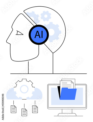 Human head silhouette with AI label and gears, connected to icons of cloud storage, file hierarchy, and desktop. Ideal for technology, automation, innovation, creativity, data analysis AI research