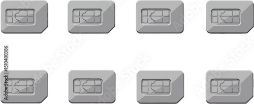 Create a kinds of Sim Card. Set of 3G, 4G & 5G Sim Cards. Mobile and wireless communication technologies. Network chip electronic connection vector art with white background.