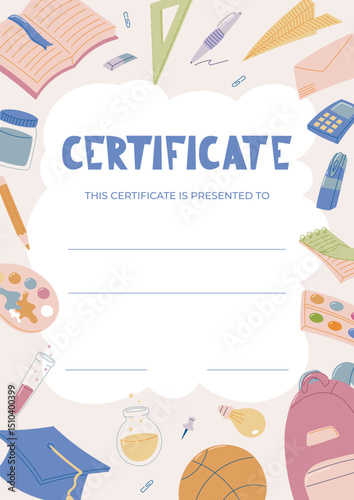 Colorful Vector School Diploma Certificate Template for Kids with Educational Elements. Award or Achievement Document Cartoon Design with Stationery, Sports, and Science Icons.