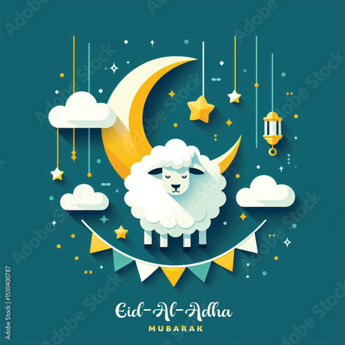 Cute sheep illustration for Eid al-Adha on a teal background