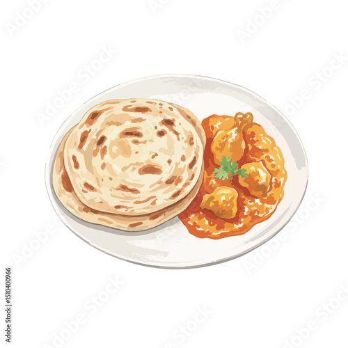 Watercolour Illustration of Plate of Parotta/Bread with Curry on Transparent PNG Background