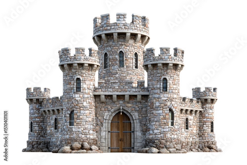 This stone castle features multiple towers and a sturdy wooden gate