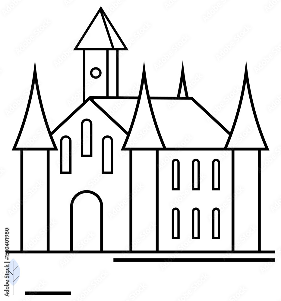 Obraz premium Castle with tall towers, arched windows, and geometric design. Ideal for history, architecture, real estate, fantasy themes, education, travel decoration simple landing page