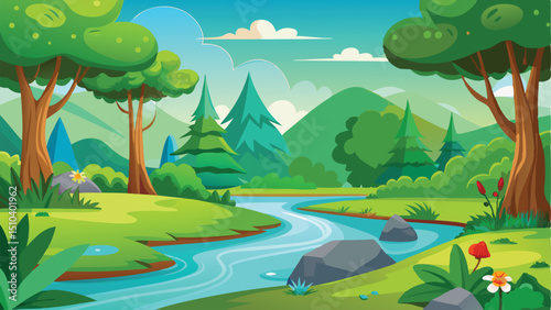 Cartoon Landscape with River, Trees, Mountains, and Flowers on a Sunny Day
