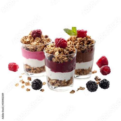 Set of Greek yogurt parfait with granola isolated on a transparent background