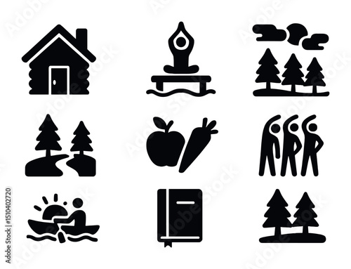 Lake Retreat Icons. Solid, filled icons set of lake fitness and wellness retreats: cabin icon, dock yoga,