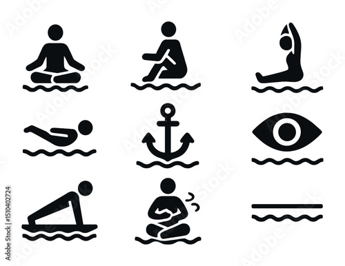 Water Yoga Icon Set. Solid, filled icons set of water yoga and balance training: lotus pose, seated twist,