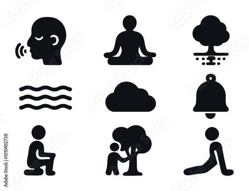 Mindfulness Icon Set. Solid, filled icons set of outdoor mindfulness activities: breathing icon, meditation