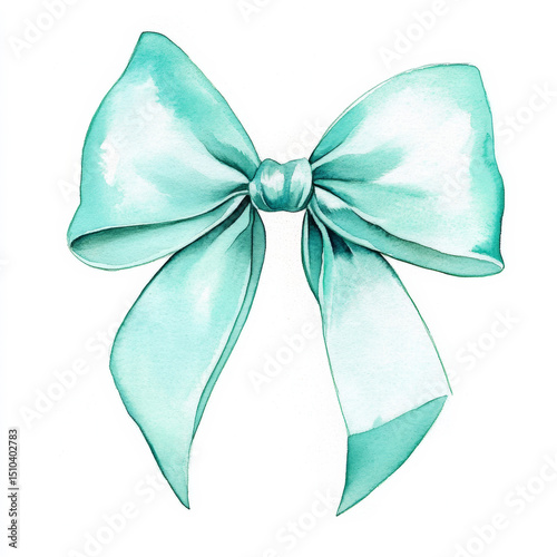 Big teal watercolor bow with soft shading. Perfect for gift tags, invitations, fashion design elements, and festive or elegant packaging projects