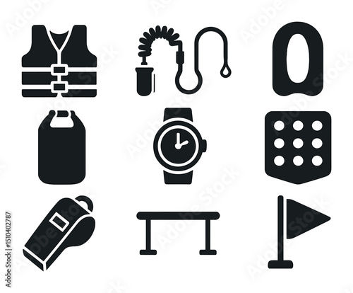 Water Safety Gear Icons. Solid, filled icons set of water safety and balance support gear: life jacket, board