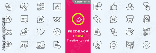 Feedback set of web icons in line style. Feedback and Review icons for web and mobile app. Customer relationship management. Star rating, satisfaction, emotion, testimonials, quick response,