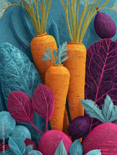 A colorful drawing of vegetables and leaves, with three carrots