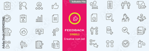 Feedback set of web icons in line style. Feedback and Review icons for web and mobile app. Customer relationship management. Star rating, satisfaction, emotion, testimonials, quick response,